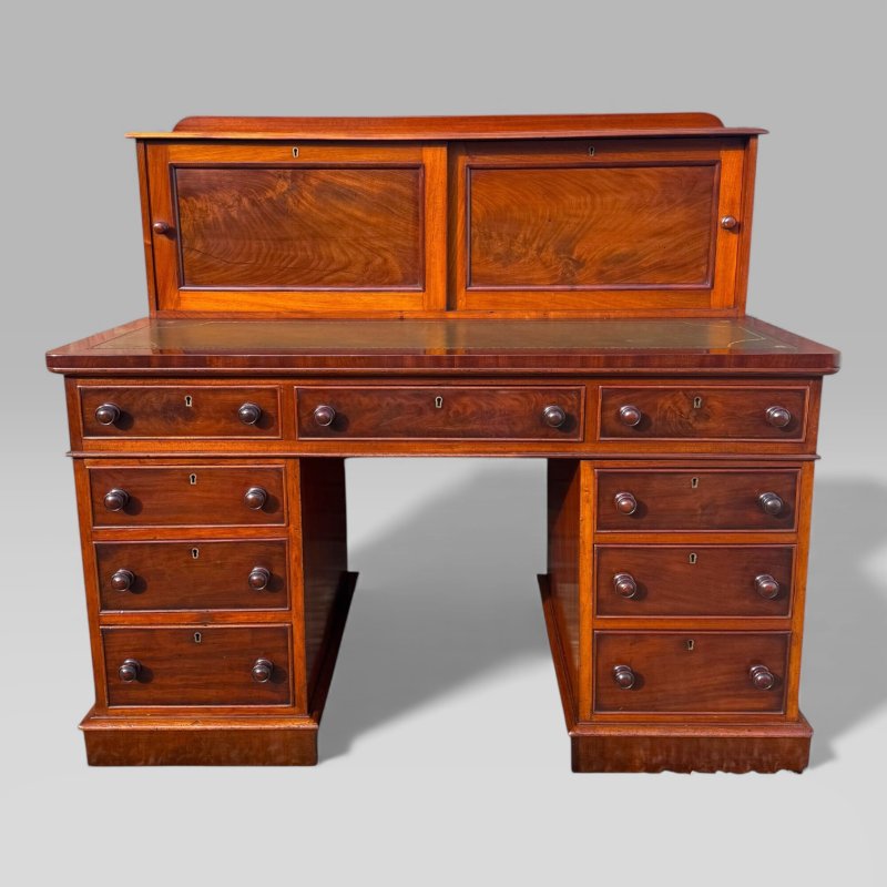 Antique Victorian Mahogany Pedestal Desk – 9 Drawers, Tooled Leather & Cupboard - Image 2